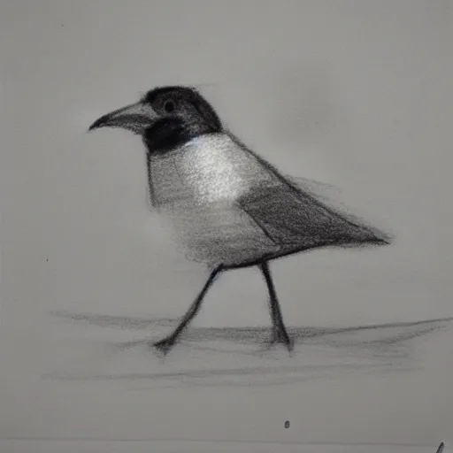 Prompt: an abstract drawing of a bird, it is on the ground, charcoal, low detail