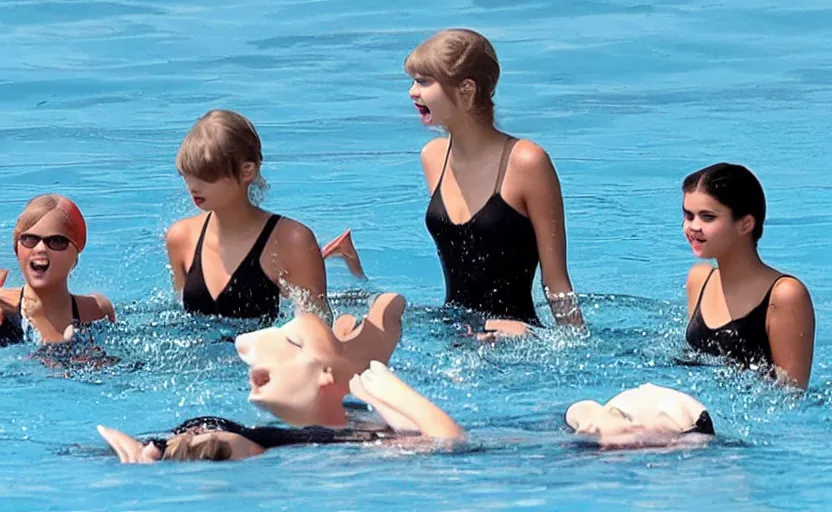 Image similar to emma watso, taylor swift, and selena gomez swim together