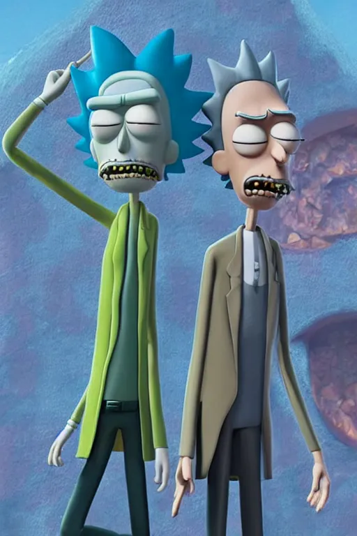 Image similar to 3d hiper-realistic Rick Sanchez and Morty, 8k