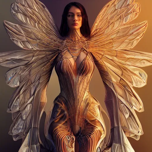 Prompt: a beautiful symmetrical woman full body wearing diamond cloth with translucent wings by alex gray and android jones , Karol Bak, Ayami Kojima, Amano , concept art, character design, fantasy,3D, 8k resolution