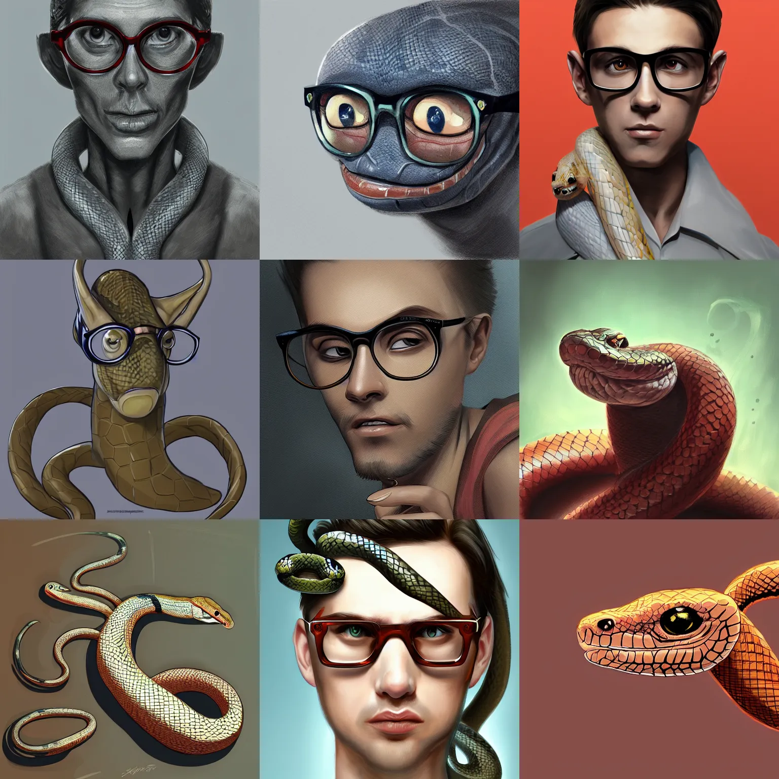 Prompt: a snake wearing glasses, high quality, artstation, digital painting