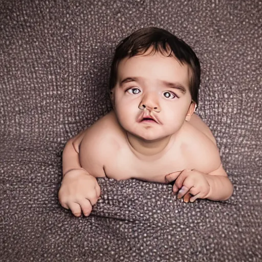 Image similar to baby with a very thick moustache laying on a blanket, photograph, dark moustache, tom selleck style moustache, sam elliot style moustache, grouch marx style moustache, depth of field, cute baby with moustache, olan mills, professional portrait photograph