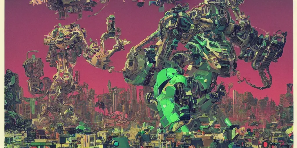 Prompt: gigantic robotic kaijus with lasers with human faces catch tiny robots, a lot of exotic plants around, big human faces everywhere, risograph by satoshi kon and moebius, no text!, matte bright colors, surreal design, super - detailed, a lot of tiny details, fullshot