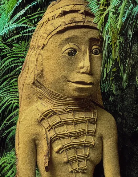 Prompt: vintage color photo of a 1 1 0 million years old inca gold sculpture covered by the jungle vines