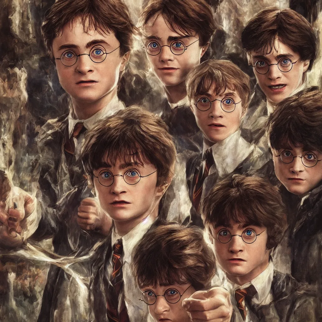 Prompt: Harry Potter, painting by Mikhail Vrubel, hyper realism, 4k, 8k