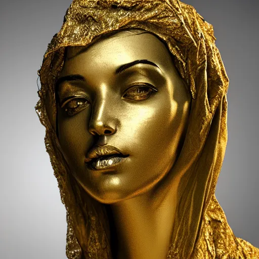 Image similar to a masterpiece marble sculpture of the veiled cleopatra, subsurface cracks, !dramatic !face, !female, covered in intricate !detailed golden !!streaked veil , physically based rendering, ultra photo realistic, cinematic lighting , dark background by Dan Hillier