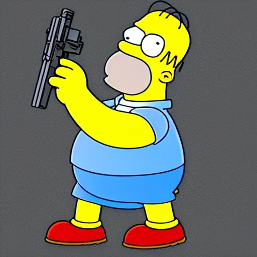 Prompt: homer simpson holding peter griffin at gunpoint