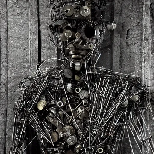 Prompt: clockwork man made of wires and tin, eyes shone bright in the night, bereft of soul and cast without a skin, he shambled and cried a plaintive plight, cinematic, rule of thirds.