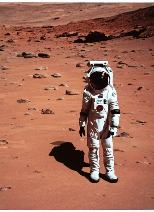 Prompt: futuristic astronaut standing in front of mars colony in the future, 35mm