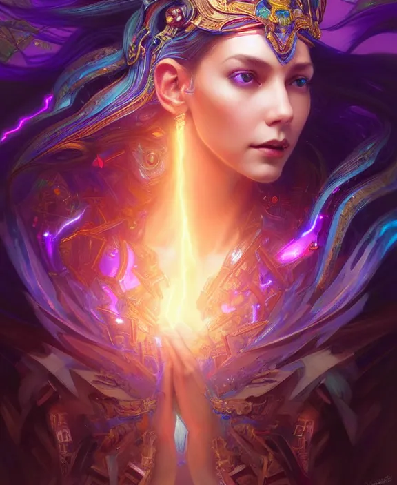 Image similar to a whirlwind of souls rushing inside the metaverse, half body, glowin eyes, tiara with sapphire, pharaoh, android, cyberpunk, d & d, fantasy, intricate, elegant, highly detailed, colorful, vivid color, digital painting, artstation, concept art, art by artgerm and greg rutkowski and alphonse mucha and ruan jia