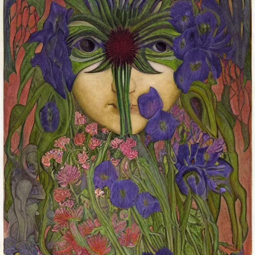 Prompt: closeup of a facemask made of flowers, by annie swynnerton and jean delville and edward hopper and diego rivera and evelyn de morgan and rufino tamayo, dark flower shaman, art brut, outsider art, symbolist, dramatic lighting, god rays, elaborate geometric ornament, clean crisp graphics, smooth sharp focus, extremely detailed, adolf wolfli