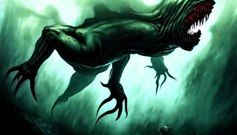 Prompt: monster in deep waters, demonic image, long shot, wide view, soft light, horror atmosphere, hyperrealistic, ultra high definition details, style by Carlos Huante