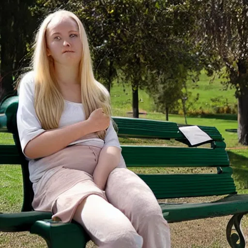 Prompt: a young woman with long blond hair sitting on a green bench with her head in her hands, henderson, steve