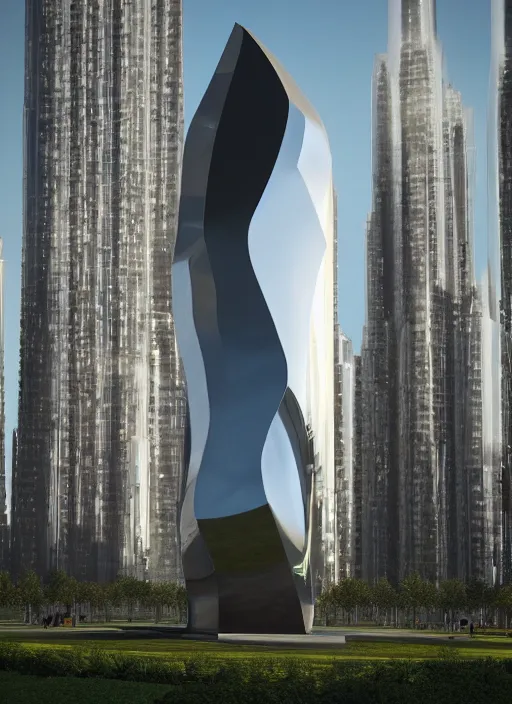 Prompt: highly detailed architecture render of a huge high futuristic metallic stele sculpture in zaha hadid style standing in city park, archdaily, made in unreal engine 4