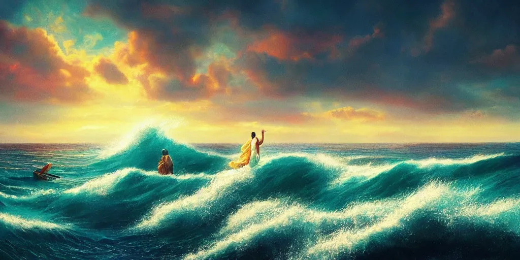 Image similar to If our mouths where filled of praise like the sea, and our tongues joy like it’s manny waves we could never reach Your praise, surrealism, musical notes, beautiful sea landscapes, Very colorful painting 8k trending on art station, Intricate details, very realistic, cinematic lighting, volumetric lighting,