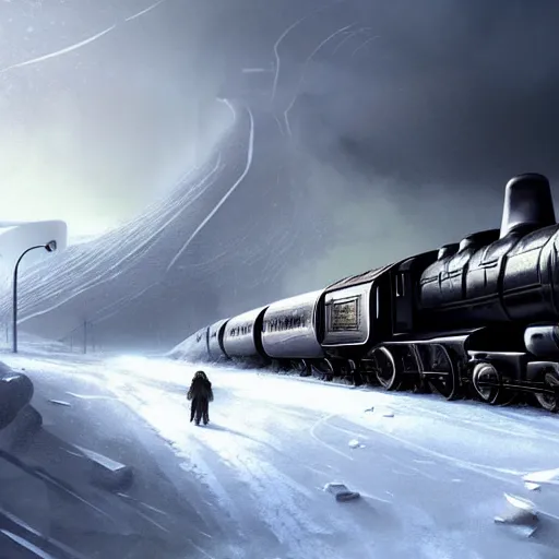 Prompt: a futuristic black steam train and a giant mammoth, post - apocalyptic ice landscape with heavy snow, concept art, artstation, highly detailed, digital art