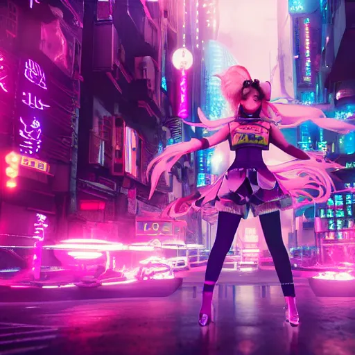 Image similar to a girl like (jinx, Princess peach), dancing, background cyberpunk city, kpop, fullshot, photo, raytrayced, octane render,volumetric lighting, epic composition, intricate details, dark neon punk, by KDA