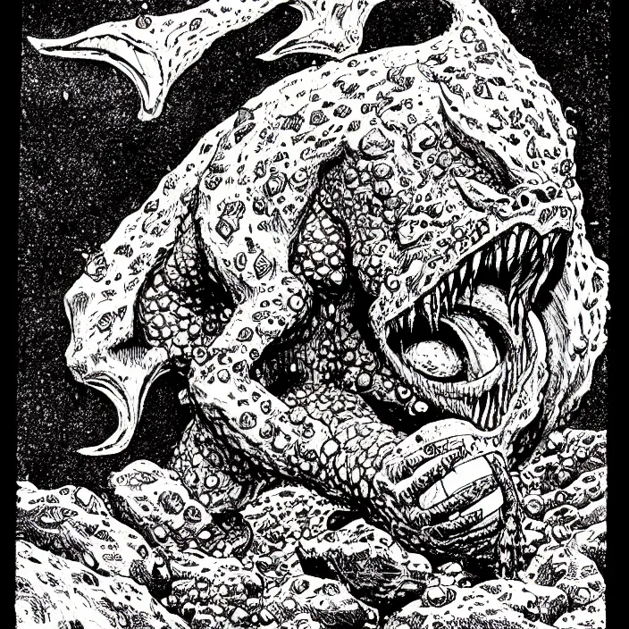 Prompt: オクタロック spitting rocks, as a d & d monster, pen - and - ink illustration, etching, by russ nicholson, david a trampier, larry elmore, 1 9 8 1, hq scan, intricate details, high contrast