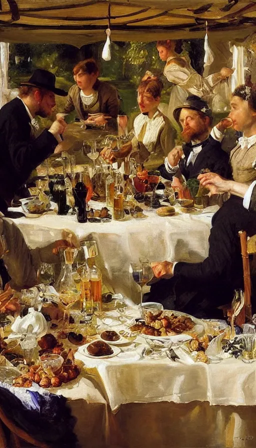 Image similar to still life painting of no-gravity midsummer party, by Peder Krøyer, golden hour, dramatic lighting, epic, gargantuan, intricate detail, canvas print