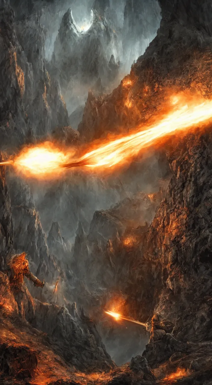 Image similar to gandalf shooting a balrog with a rocket launcher on the bridge of khazad dum, dark, fiery, mines of moria, lord of the rings aesthetic, in style of alan lee, cinematic, cinematic lighting, octane render, highly detailed