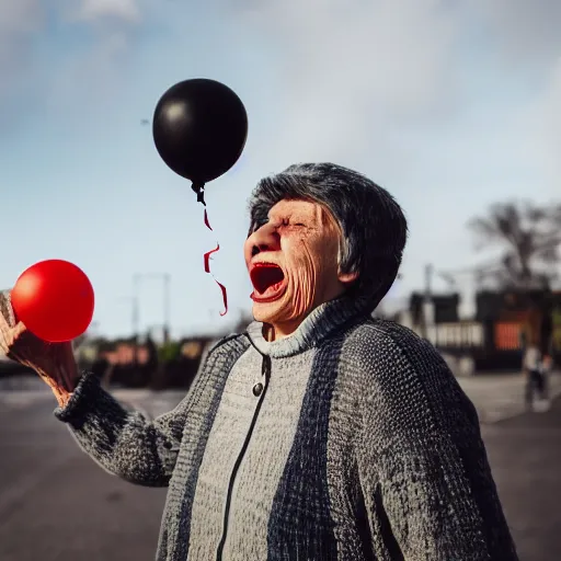 Prompt: elderly woman screaming at a balloon, canon eos r 3, f / 1. 4, iso 2 0 0, 1 / 1 6 0 s, 8 k, raw, unedited, symmetrical balance, wide angle