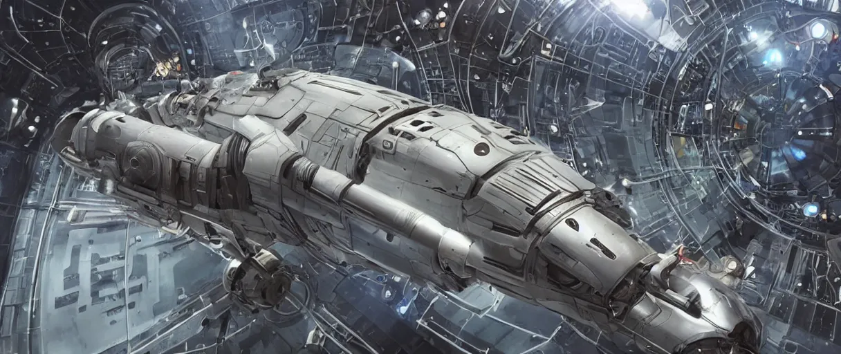 Image similar to a DIY spaceship capable of warp speed, realistic appearance with lots of details like nuts and bolts, rusty parts in the hull. The engines are powered on and we see it from the bridge of a space station