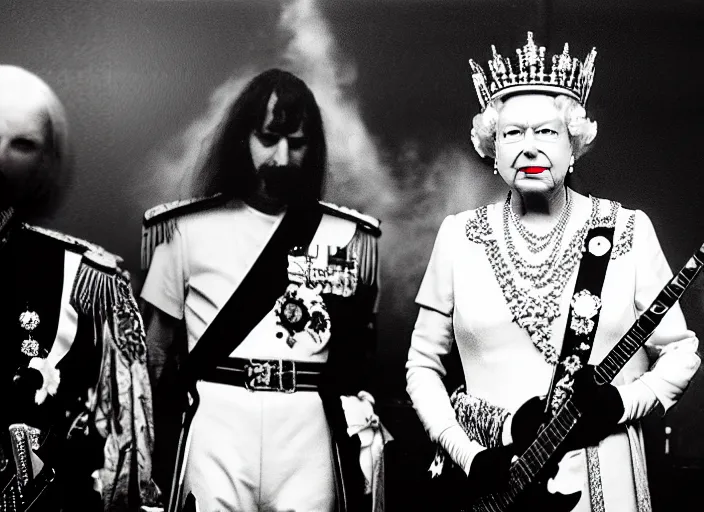 Image similar to publicity photo still of queen elizabeth in a death metal band playing live on stage, 8 k, live concert lighting, mid shot