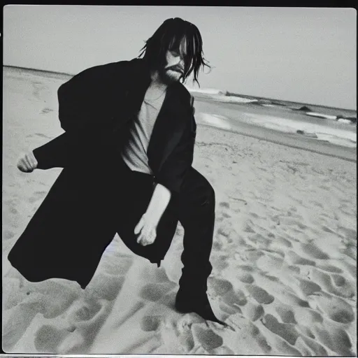 Image similar to 9 0 s polaroid photograph of norman reedus wearing a trenchcoat at night, dancing on a beach during cloudy weather, vignette