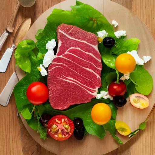 Prompt: Filleted beef, aromatic salads, cherry tomatoes, pink grapefruit and feta topped with an amber and fruity scented vinaigrette, photographic shot, photo lighting, vray render