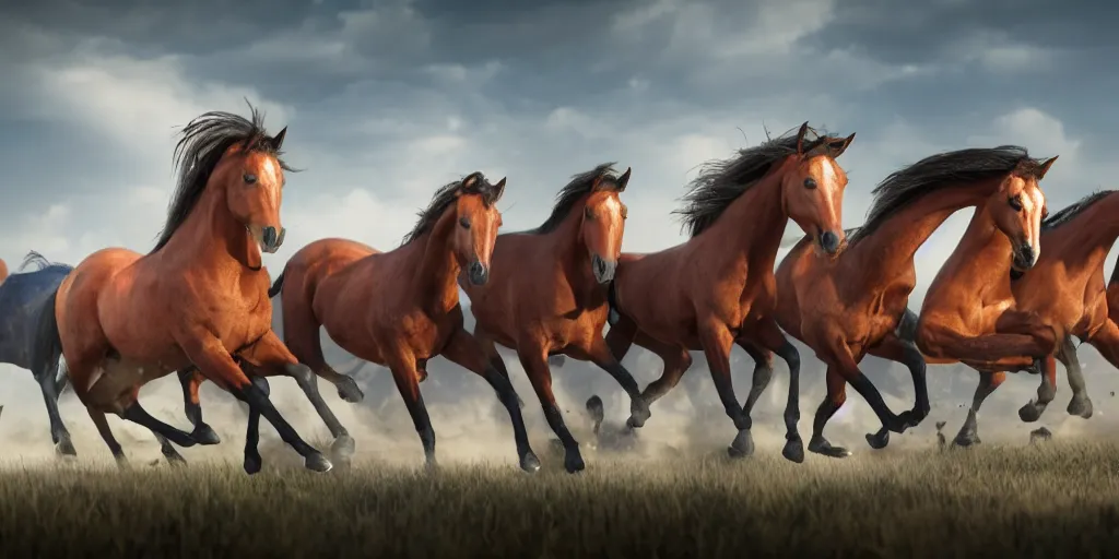 Image similar to a product picture of hundreds of horses running, photographic filter, unreal engine 5, realistic, hyperdetailed, 8 k, cinematic, volumetric lighting, very realistic effect, hd, hdr, 4 k, sharp focus, octane render, ultra detailed, high resolution, trending on artstation in the style of albert dros glowing rich colors powerful imagery