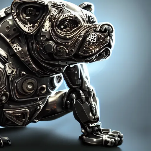 Image similar to « a cyborg bulldog sitting down, cyberpunk art by grillo demo, cgsociety, computer art, future tech, made of liquid metal, sketchfab »