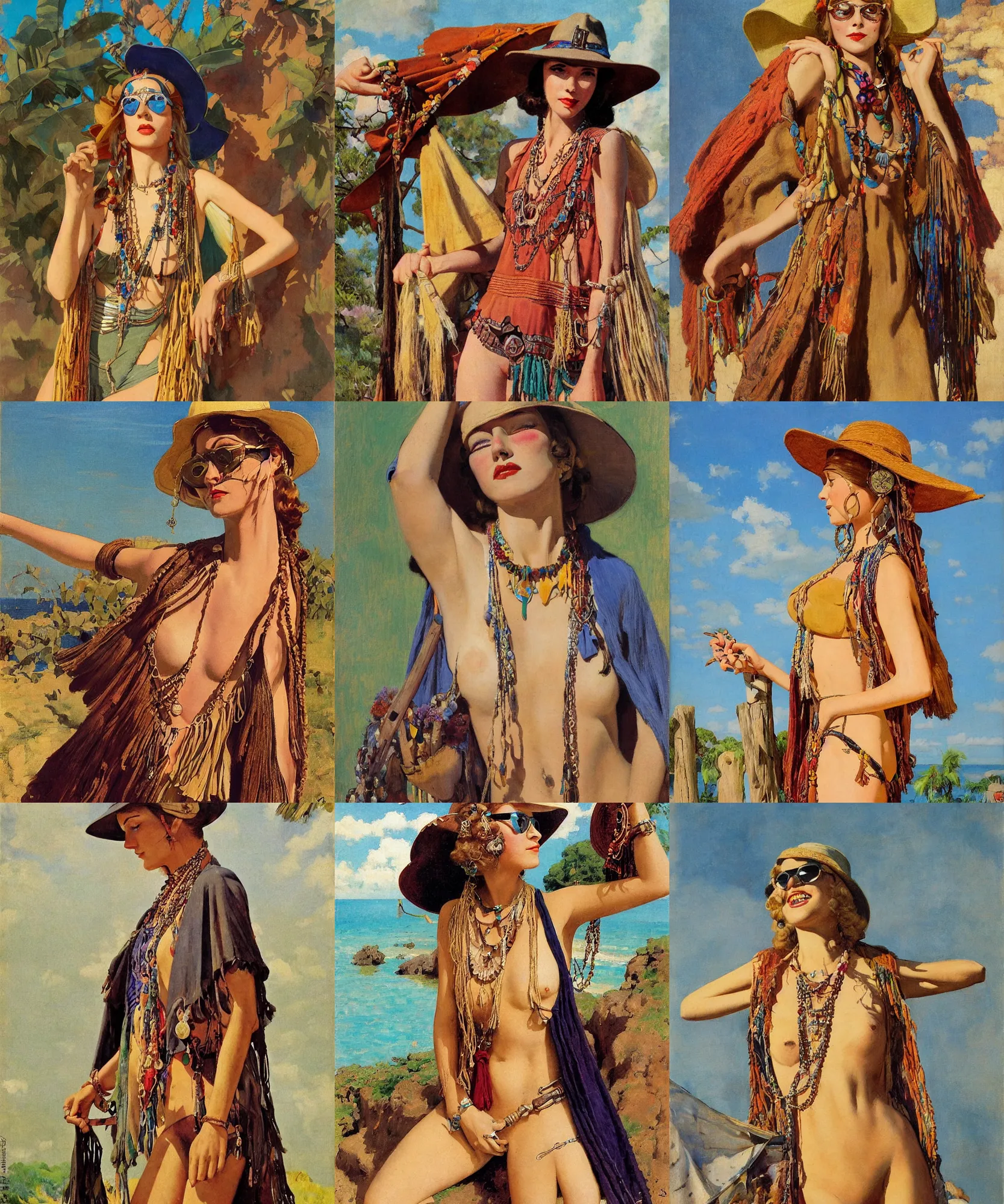 Prompt: pulp art, 1930s, 1970s hippie cloth style, medieval young girl with wooden jewelry, wearing rich jewerly, hat and boho poncho, decollete, bikini, sunglasses, fantasy character, low view, artwork by Joseph Leyendecker and Hugh Ferriss and gil elvgren and ilya repin and Greg Manchess, illustration, volumetric light, geometric shapes, impressionism, soviet paintings, 3d octane blender render, progressive rock album cover