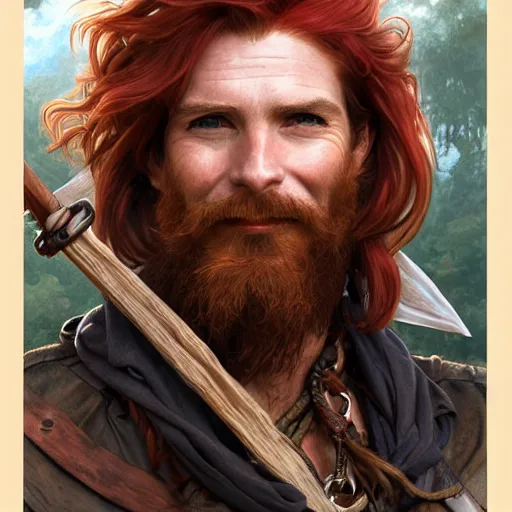 Prompt: portrait of a young ruggedly handsome but joyful pirate, male, masculine, upper body, red hair, long hair, d & d, fantasy, giddy smirk, intricate, elegant, highly detailed, digital painting, artstation, concept art, matte, sharp focus, illustration, crimson hair, art by artgerm and greg rutkowski and alphonse mucha