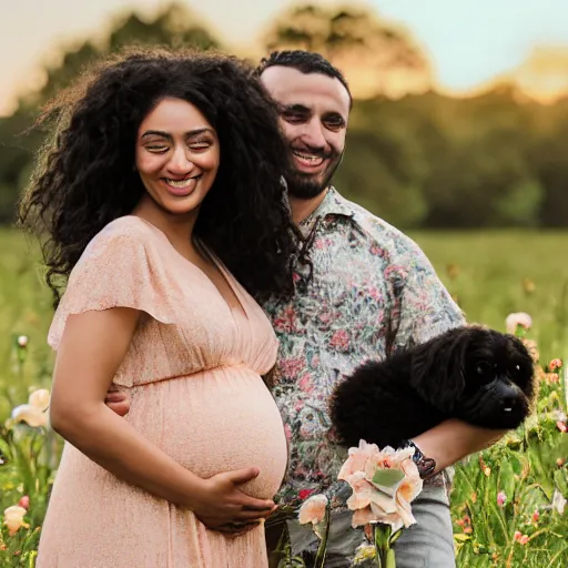 Image similar to egyptian man with long curly hair in a field of flowers, alongside a pregnant black woman with curly hair, with a small black puppy in the middle, golden hour, vintage, impressionist painting, fine art, oil painting, dreamy, pastel, laughing, happy, intricate details, sharp, peaceful, serene