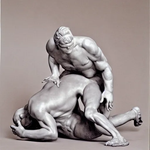 Image similar to conan o'brien and andy richter wrestling, by rodin, marble