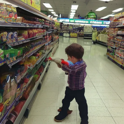 Prompt: my two sons comptin and ohklynd are making a mess in the grocery store and harassing the employees