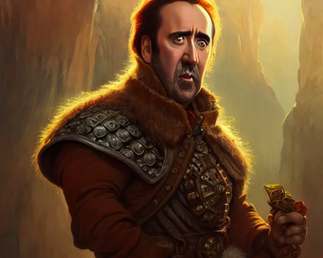 Image similar to if nicolas cage was a halfling from d & d, deep focus, d & d, fantasy, intricate, elegant, highly detailed, digital painting, artstation, concept art, matte, sharp focus, illustration, hearthstone, art by artgerm and greg rutkowski and alphonse mucha