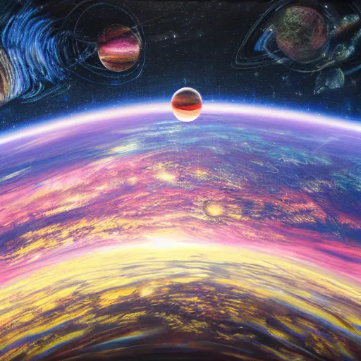 Image similar to view from space, rainbow rubber band ball planet, oil on canvas, portrait, intricate, 8 k highly professionally detailed, hdr, cgsociety