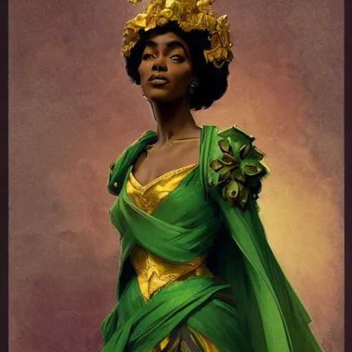 Prompt: a duchess from !Nubia, dark skin, wearing elaborate green and gold, !updo hair, charismatic, warm friendly face, half-body shot, fantasy character portrait by Alphonse Mucha, Greg Rutkowski, Craig Mullins, Gaston Bussiere