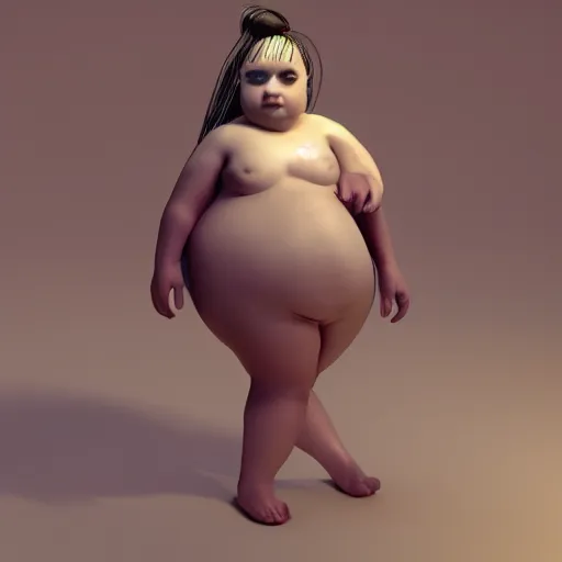Prompt: the little fat girl is modelling to the camera. wire frame on mesh. 3 d model. 3 d scene. beautiful hands and legs. subsurface scattering shiny skin. beautiful lighting, 4 k post - processing, trending in art station, cg society, highly detailed, 5 k extremely detailed, 3 d. cinematic scene. sharp image