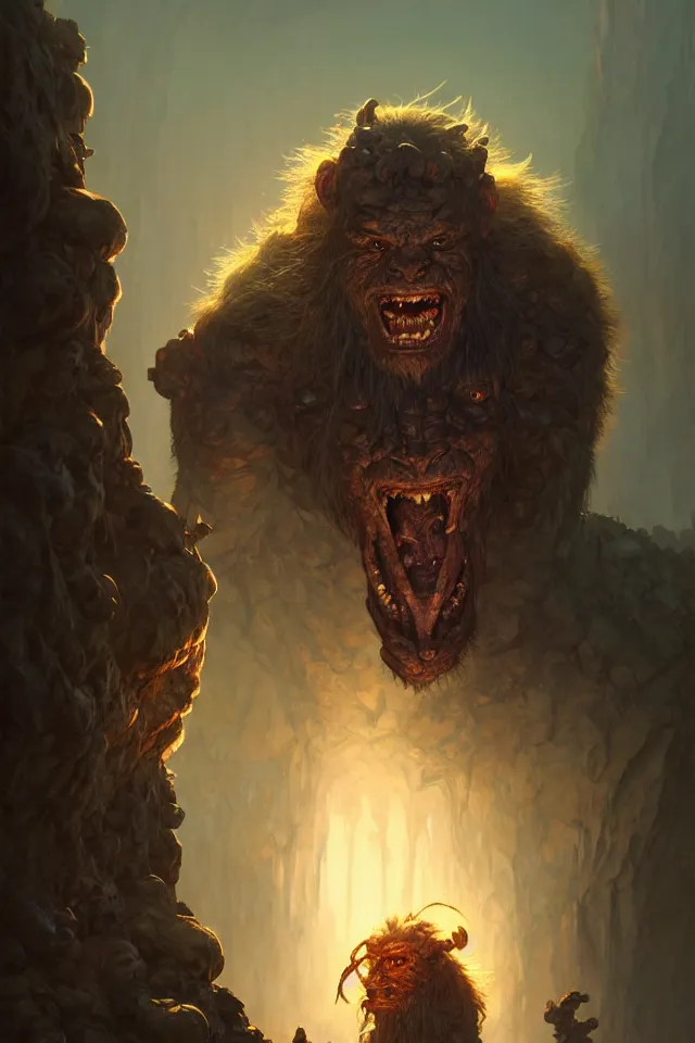 Image similar to close portrait of a blind cave troll, dungeons and dragons, savage monster, intricate, fantasy, extremely detailed, digital painting, artstation, concept art, smooth, sharp focus, illustration, ambient lighting, art by artgerm and greg rutkowski and alphonse mucha and simon stalenhag