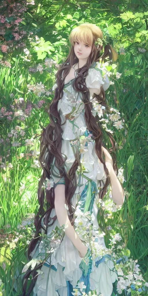 Image similar to a digital art of a loli with long hair in a dress in the privet garden at after noon, green and warm theme and blue accents, back lighting, by krenz cushart and mucha, highly detailed, 4 k resolution, trending on art station