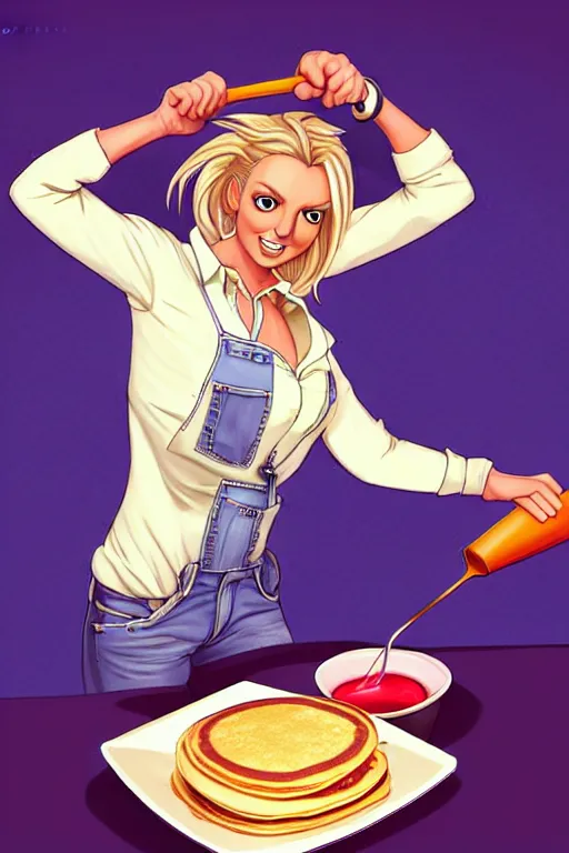 Image similar to britney spears making pancakes, animation pixar style, by pendleton ward, magali villeneuve, artgerm, rob rey and kentaro miura style, golden ratio, trending on art station