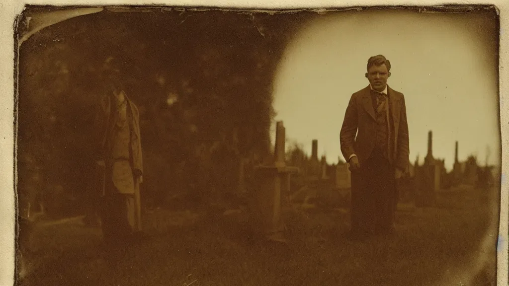 Prompt: a sepia toned photo of a man standing in a graveyard, a polaroid photo by John Thomson of Duddingston, deviantart, gothic art, tintype photograph, ambrotype, calotype