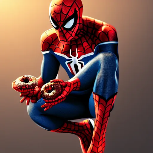 Image similar to spider - man sit on the raccoon and eating donuts, concept art, trending on artstation, highly detailed, intricate, sharp focus, digital art, 8 k