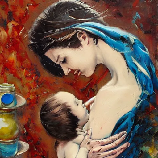 Image similar to by john larriva, by aaron horkey emotive. a beautiful painting harmony of colors, simple but powerful composition. a scene of peaceful domesticity, with a mother & child in the center, surrounded by a few simple objects. colors are muted & calming, serenity & calm.