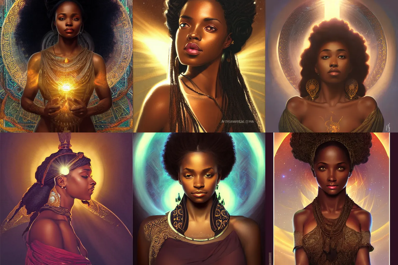 Prompt: black african princess, warm volumetric lighting, god rays, cosmic, symmetric, highly detailed, concept art, heavenly, intricate, sharp focus, illustration, alexandros pyromallis, bouguereau, rutkowski, artgerm, alphonse mucha