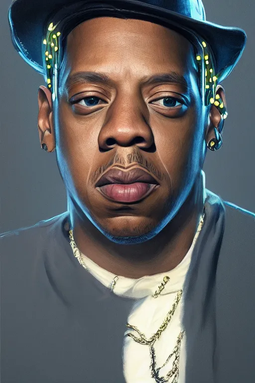 Image similar to portrait of rapper jay - z with hat, staring directly into camera, intricate, elegant, glowing lights, highly detailed, digital painting, artstation, sharp focus, illustration, art by wlop, mars ravelo and greg rutkowski