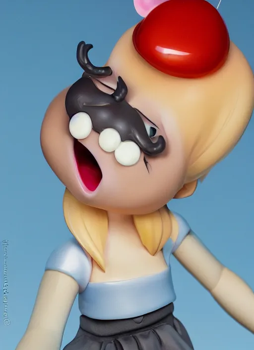 Image similar to a hyperrealistic lowbrow oil panting of a looney kawaii anime girl figurine caricature with a big dumb goofy grin and large pretty sparkling eyes featured on Wallace and Gromit by Studio Ghibli