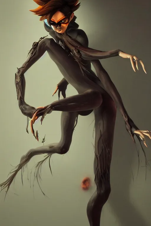 Image similar to dark full body painting of tracer from overwatch, in style of zdzisław beksinski, scary, horror, 4 k, feminine facial features, overwatch tracer character, horror, body horror, disturbing, detailed face, dressed in dark garment, black tendrils, tall, long legs,